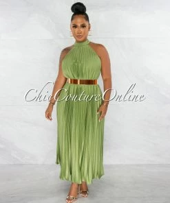Chic Couture Online JUST IN Nicia Sheen Green Halter Pleated Silky Maxi Dress