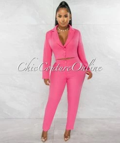 Chic Couture Online Dottie Pink Crop Buttoned Blazer & Pants Set JUST IN