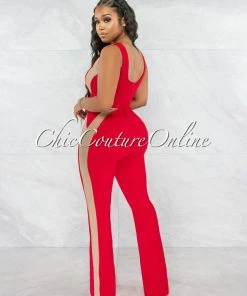 Vendor-unknown Flags Red Nude Mesh Details Jumpsuit JUST IN