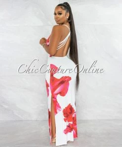 Vendor-unknown Primola White Red Rose Print Back Strappy Maxi Dress
