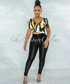 Vendor-unknown Donna Yellow Black Print Puffy Sleeves Crop Top