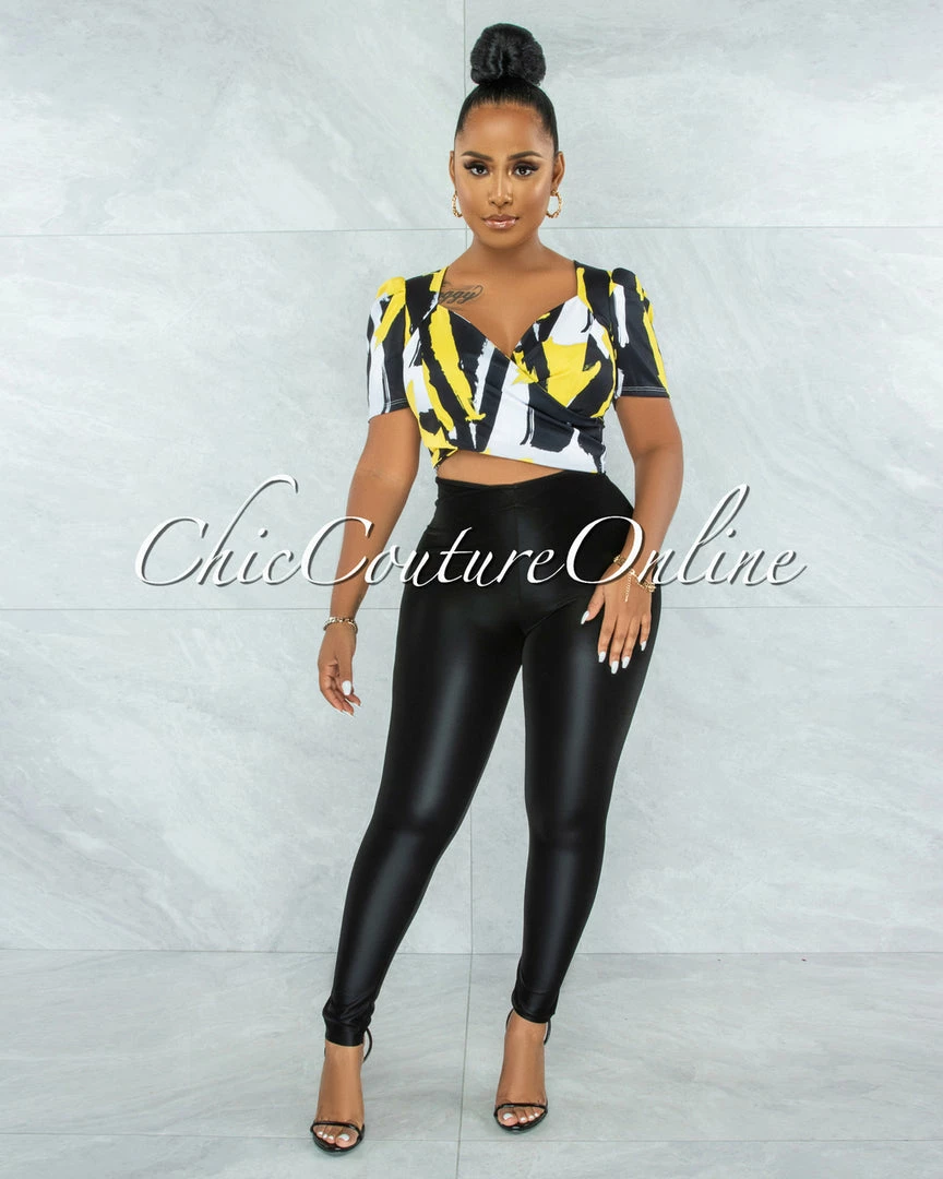 Vendor-unknown Donna Yellow Black Print Puffy Sleeves Crop Top