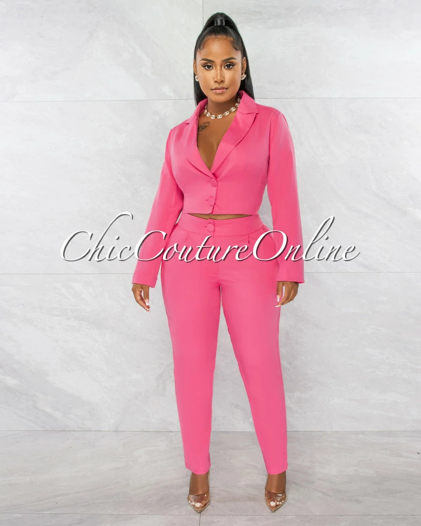 Chic Couture Online Dottie Pink Crop Buttoned Blazer & Pants Set JUST IN