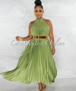 Chic Couture Online JUST IN Nicia Sheen Green Halter Pleated Silky Maxi Dress