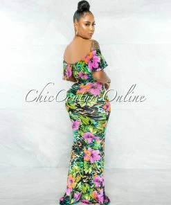 Chic Couture Online JUST IN Malcolm Black Green Print Off-The Shoulder Maxi Dress