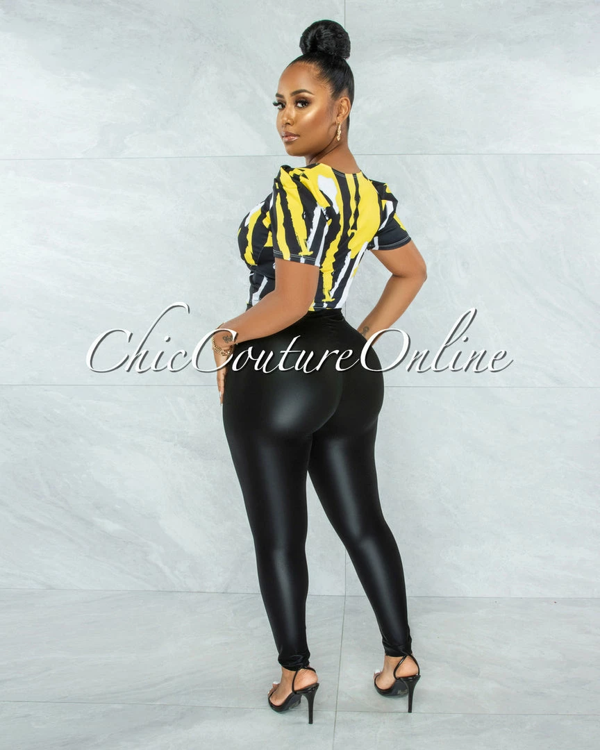 Vendor-unknown Donna Yellow Black Print Puffy Sleeves Crop Top