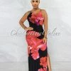 Vendor-unknown Primola Black Red Rose Print Back Strappy Maxi Dress
