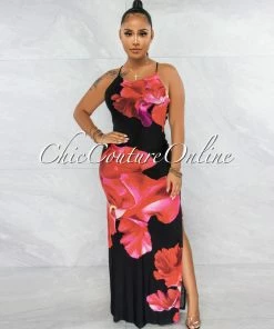 Vendor-unknown Primola Black Red Rose Print Back Strappy Maxi Dress