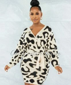 Vendor-unknown Nadirah Nude Leopard Print Wrap Knit Sweater Dress