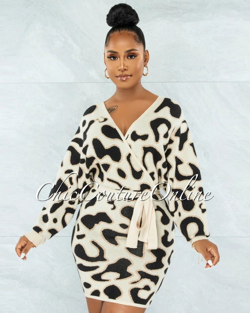 Vendor-unknown Nadirah Nude Leopard Print Wrap Knit Sweater Dress