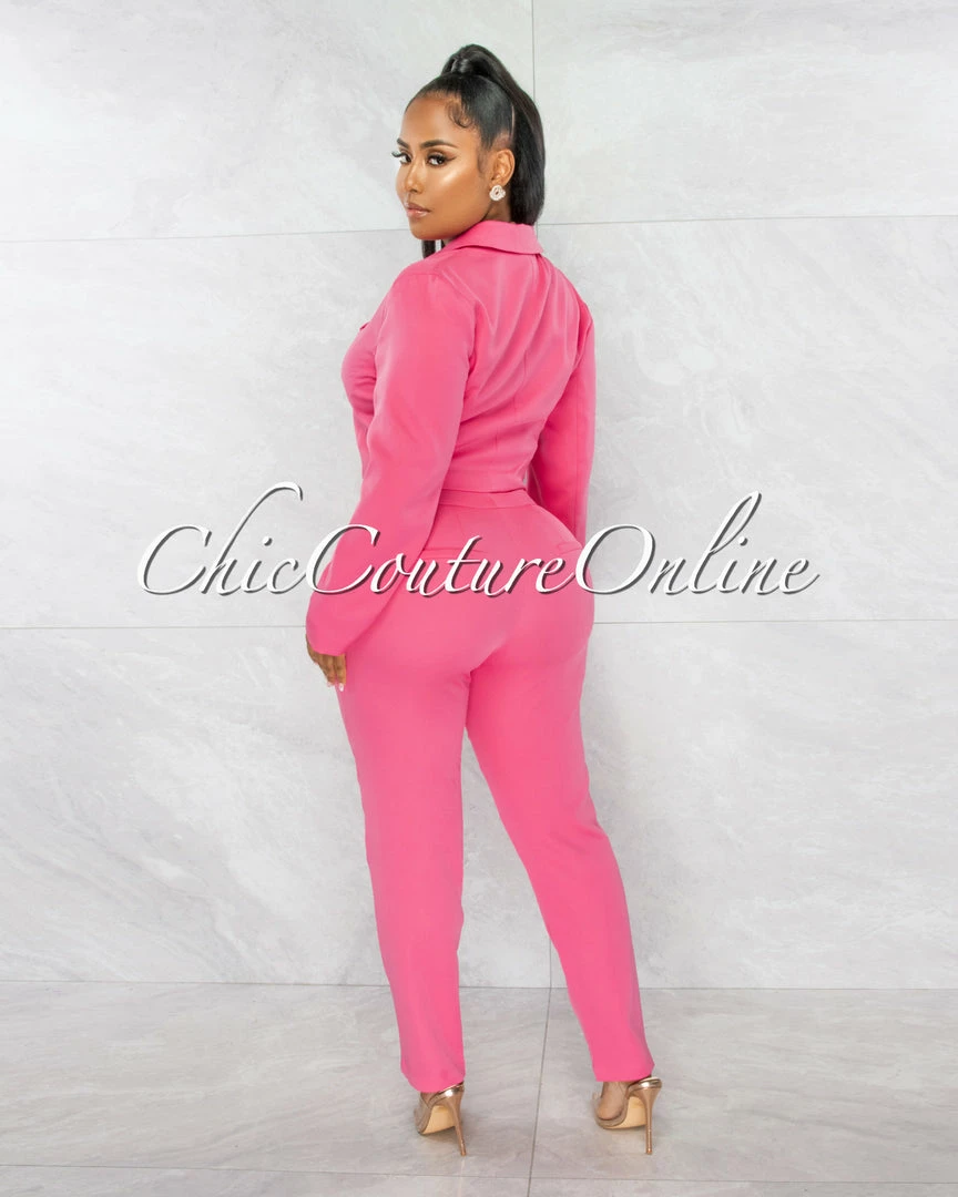Chic Couture Online Dottie Pink Crop Buttoned Blazer & Pants Set JUST IN