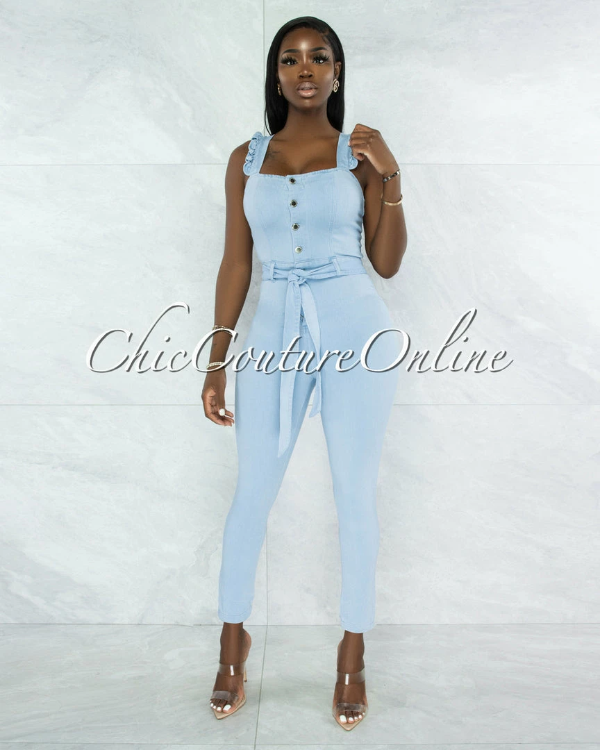 Vendor-unknown Hernanda Light Denim Silver Buttons Jumpsuit JUST IN