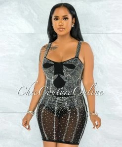 Vendor-unknown Pelicia Black Silver Rhinestones Mesh Bodysuit Dress JUST IN