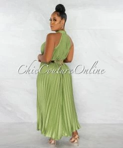 Chic Couture Online JUST IN Nicia Sheen Green Halter Pleated Silky Maxi Dress