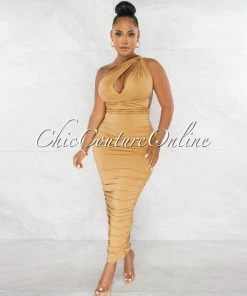 Chic Couture Online JUST IN Fosta Gold Multi-Way Ruched Maxi Dress