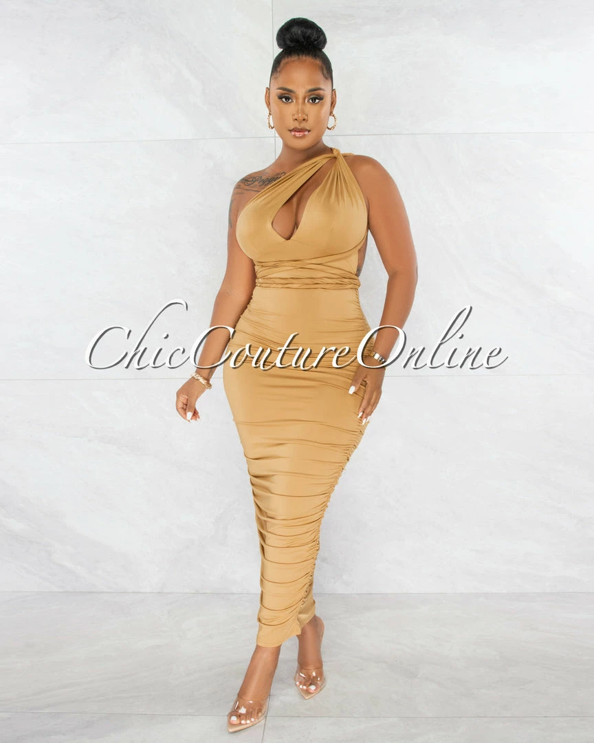 Chic Couture Online JUST IN Fosta Gold Multi-Way Ruched Maxi Dress