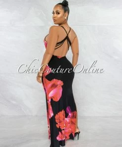 Vendor-unknown Primola Black Red Rose Print Back Strappy Maxi Dress