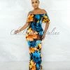 Chic Couture Online JUST IN Rohana Black Orange Blue Floral Off-The Shoulder Maxi Dress