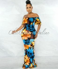 Chic Couture Online JUST IN Rohana Black Orange Blue Floral Off-The Shoulder Maxi Dress