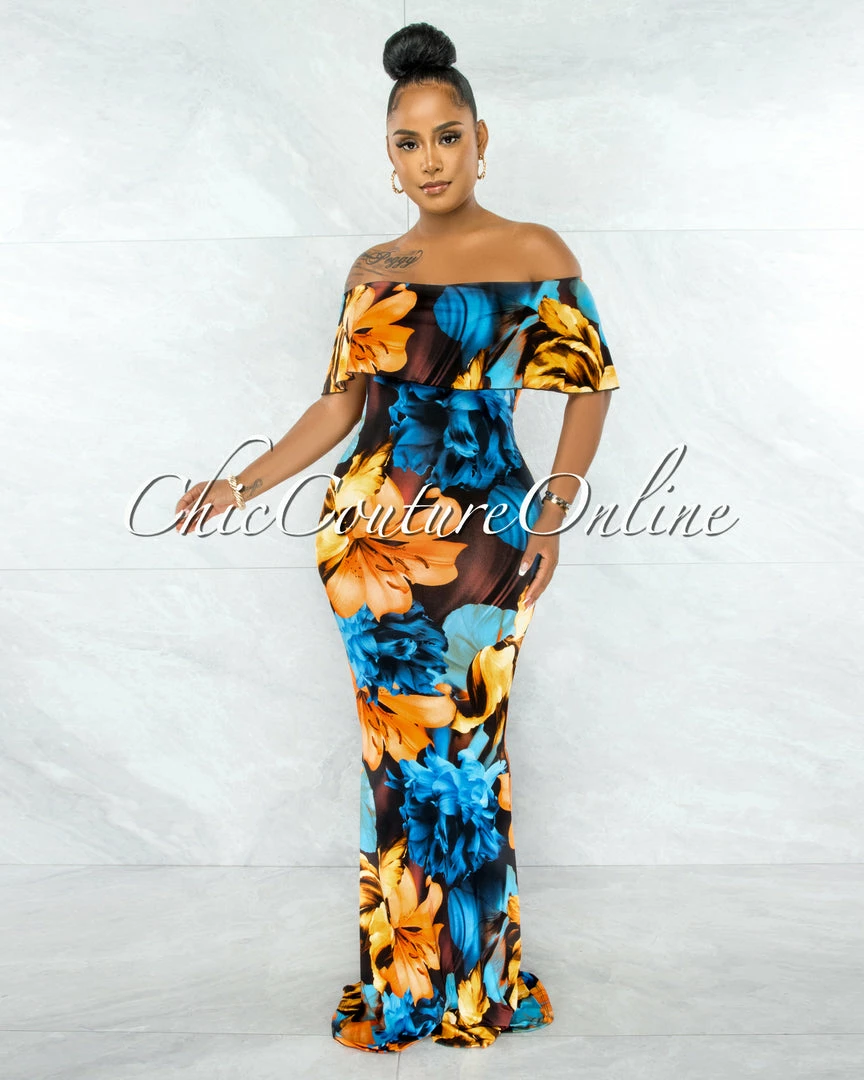 Chic Couture Online JUST IN Rohana Black Orange Blue Floral Off-The Shoulder Maxi Dress
