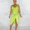Chic Couture Online JUST IN Gregoria Lime Green Draped Slit Silky Midi Dress