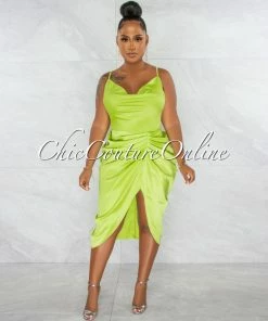 Chic Couture Online JUST IN Gregoria Lime Green Draped Slit Silky Midi Dress