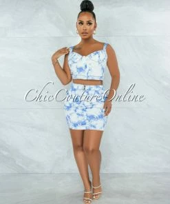 Vendor-unknown JUST IN Goldin Light Denim Tie-Dye Rhinestones Trim Skirt Set