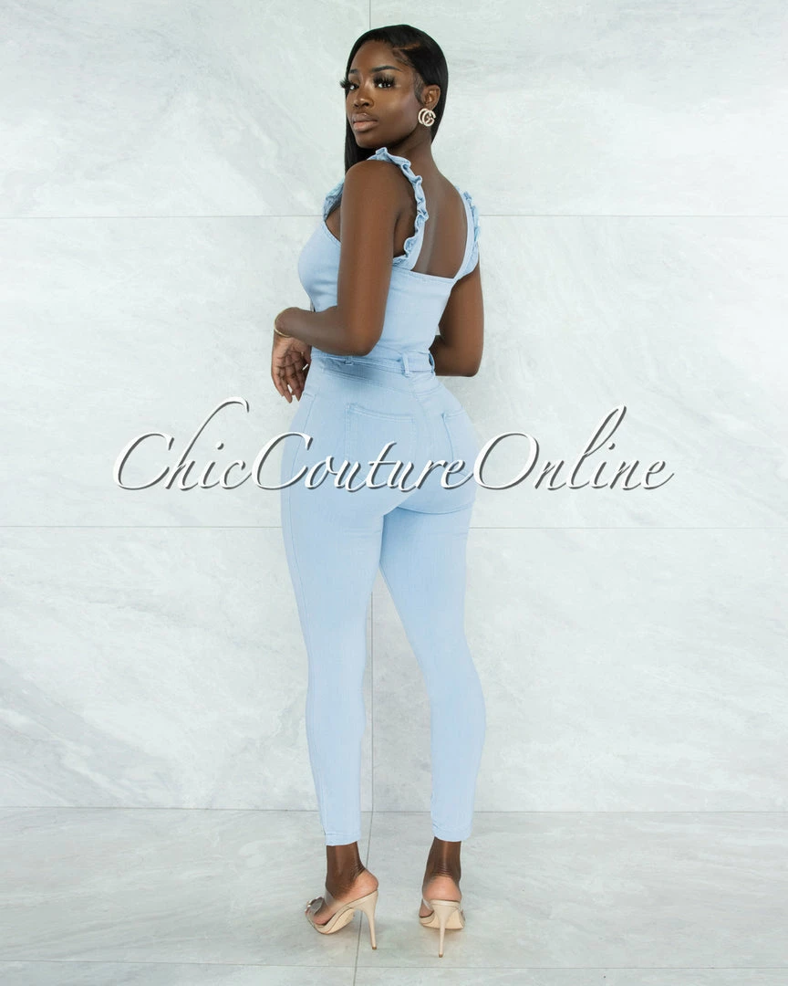 Vendor-unknown Hernanda Light Denim Silver Buttons Jumpsuit JUST IN