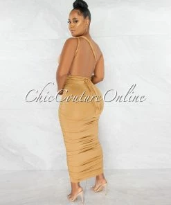 Chic Couture Online JUST IN Fosta Gold Multi-Way Ruched Maxi Dress