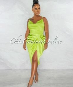 Chic Couture Online JUST IN Gregoria Lime Green Draped Slit Silky Midi Dress