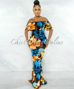 Chic Couture Online JUST IN Rohana Black Orange Blue Floral Off-The Shoulder Maxi Dress