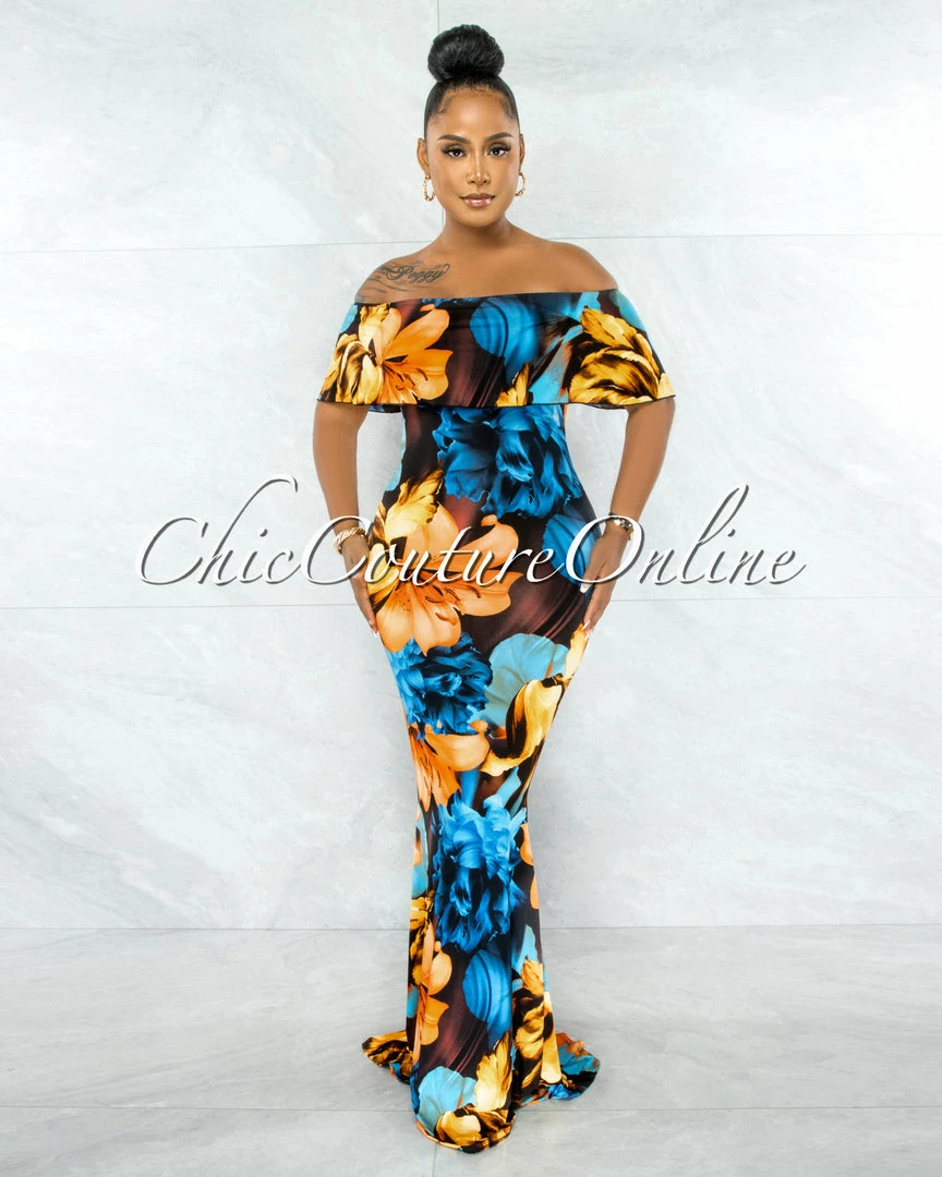 Chic Couture Online JUST IN Rohana Black Orange Blue Floral Off-The Shoulder Maxi Dress