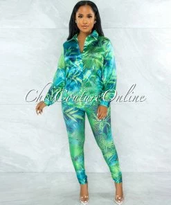 Vendor-unknown JUST IN Dabney Green Palm Print Satin Shirt & Leggings Set