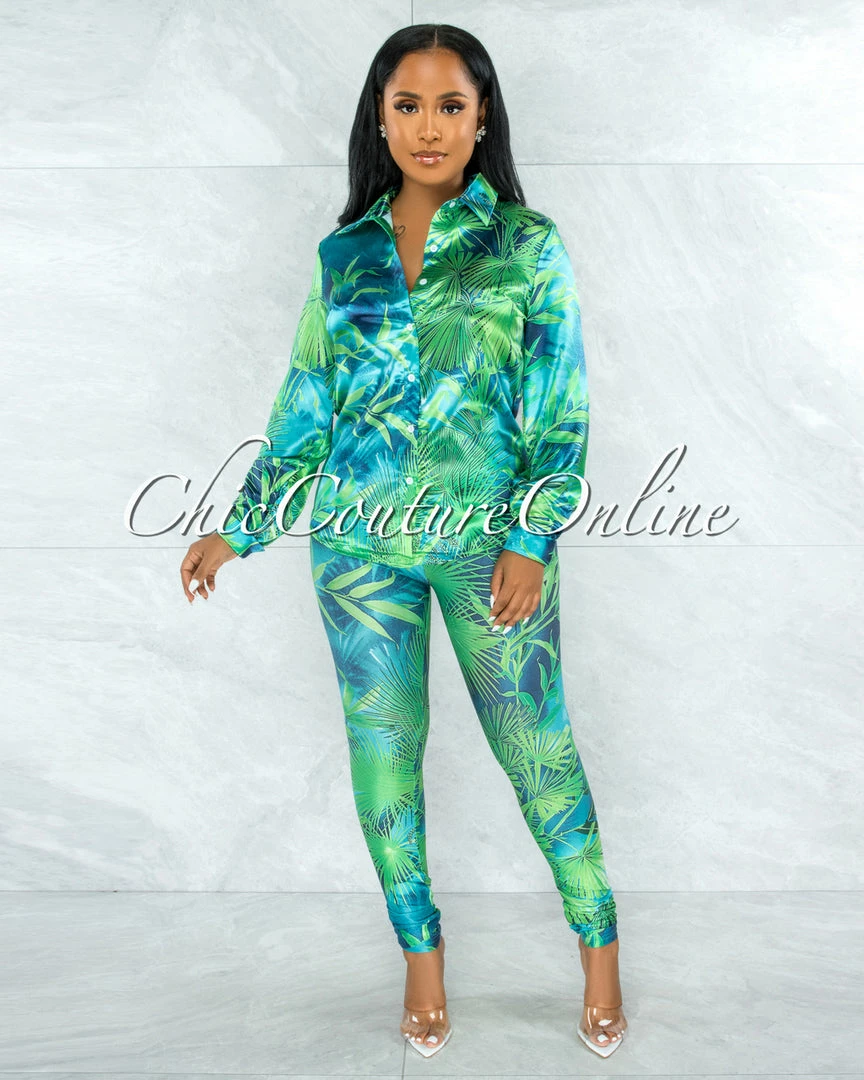 Vendor-unknown JUST IN Dabney Green Palm Print Satin Shirt & Leggings Set