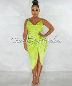 Chic Couture Online JUST IN Gregoria Lime Green Draped Slit Silky Midi Dress