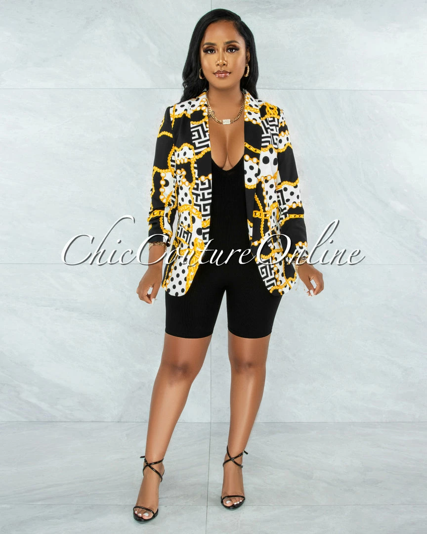 Vendor-unknown JUST IN Abedi White Black Gold Print Boyfriend Long Blazer