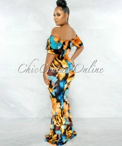 Chic Couture Online JUST IN Rohana Black Orange Blue Floral Off-The Shoulder Maxi Dress