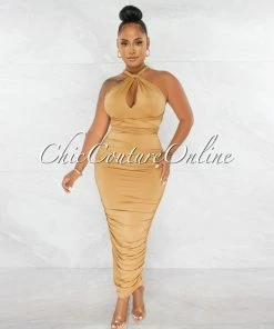 Chic Couture Online JUST IN Fosta Gold Multi-Way Ruched Maxi Dress