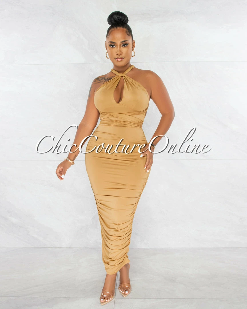 Chic Couture Online JUST IN Fosta Gold Multi-Way Ruched Maxi Dress