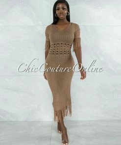 Vendor-unknown Casina Mocha Crochet Cover-Up Fringe Maxi Dress