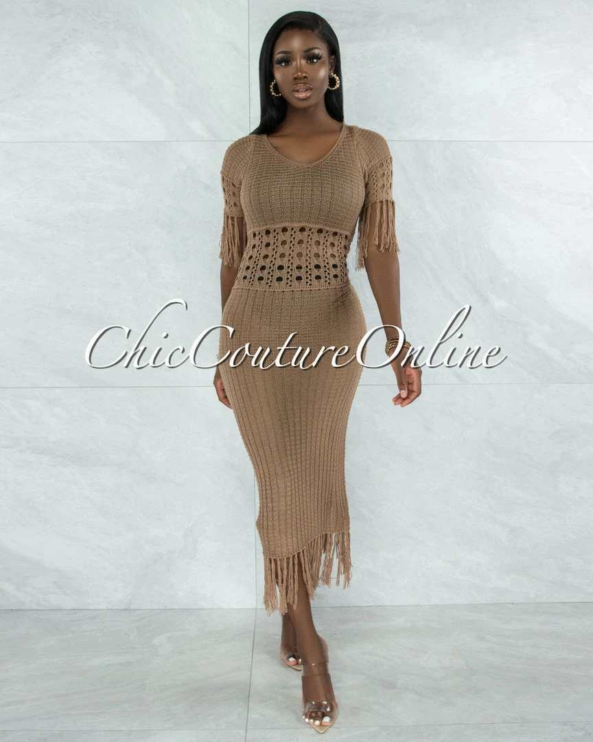 Vendor-unknown Casina Mocha Crochet Cover-Up Fringe Maxi Dress
