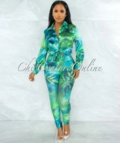 Vendor-unknown JUST IN Dabney Green Palm Print Satin Shirt & Leggings Set
