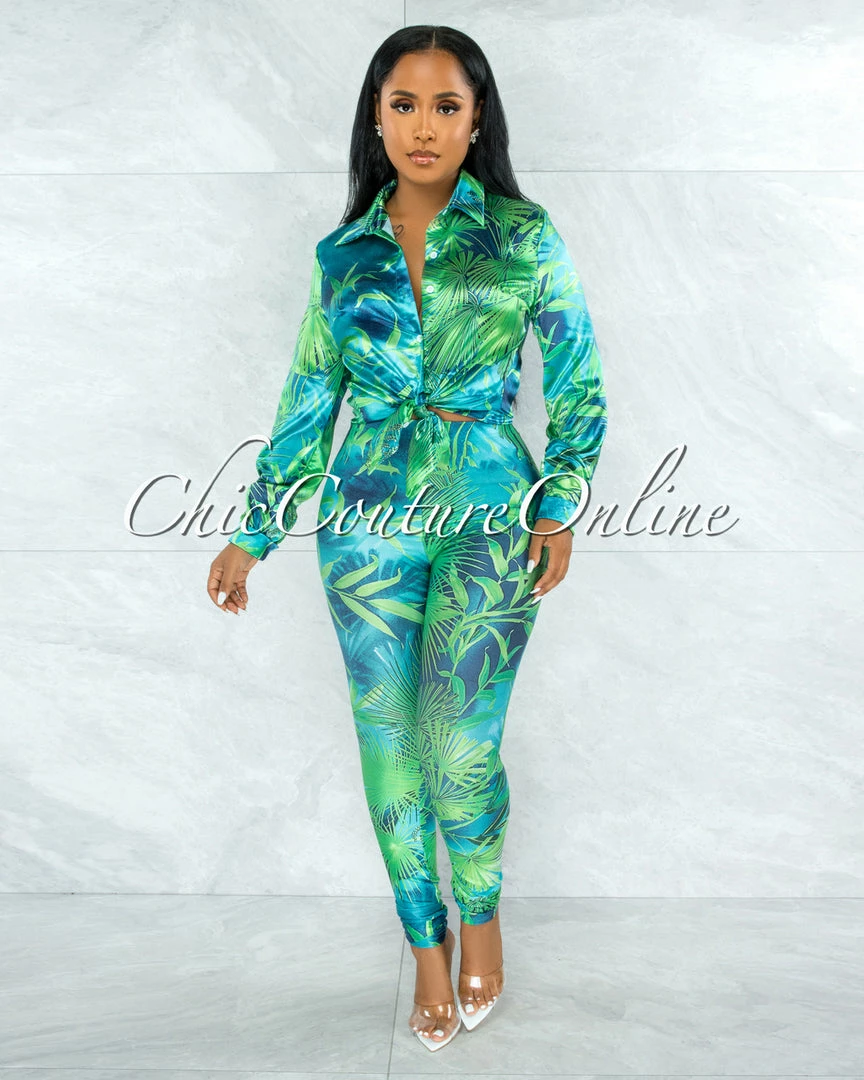 Vendor-unknown JUST IN Dabney Green Palm Print Satin Shirt & Leggings Set
