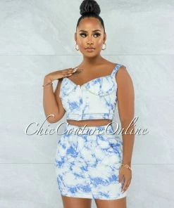 Vendor-unknown JUST IN Goldin Light Denim Tie-Dye Rhinestones Trim Skirt Set
