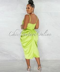 Chic Couture Online JUST IN Gregoria Lime Green Draped Slit Silky Midi Dress