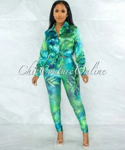 Vendor-unknown JUST IN Dabney Green Palm Print Satin Shirt & Leggings Set