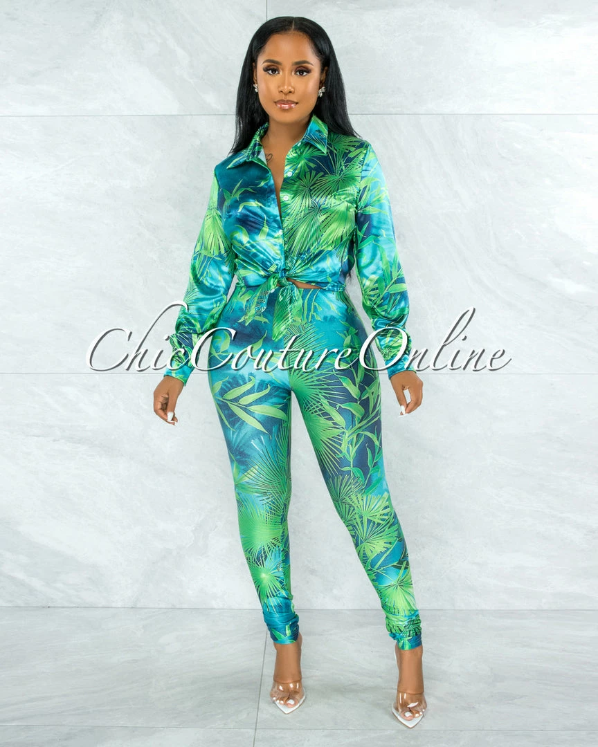 Vendor-unknown JUST IN Dabney Green Palm Print Satin Shirt & Leggings Set