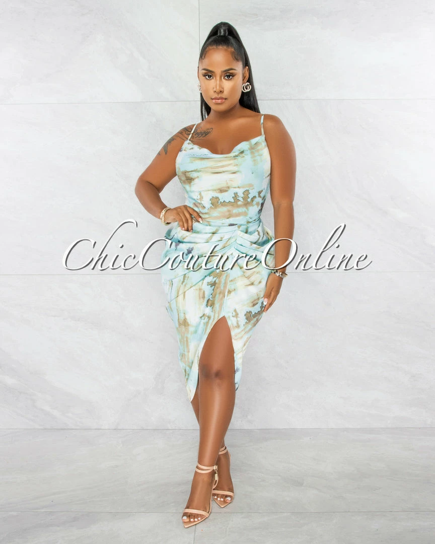 Chic Couture Online JUST IN Taisha Baby Blue Olive Print Ruched Silky Midi Dress