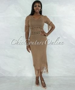 Vendor-unknown Casina Mocha Crochet Cover-Up Fringe Maxi Dress