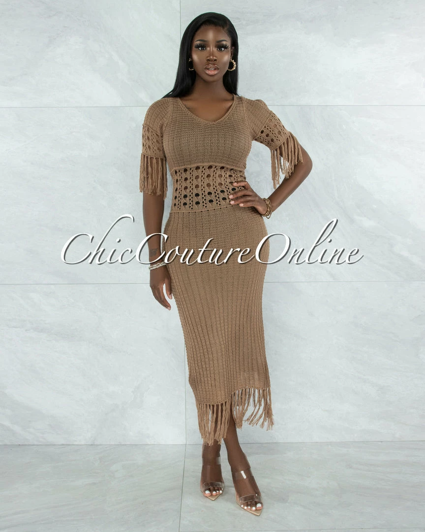 Vendor-unknown Casina Mocha Crochet Cover-Up Fringe Maxi Dress
